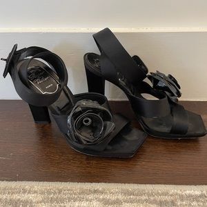 Roger Vivier black satin evening sandals w/ flower